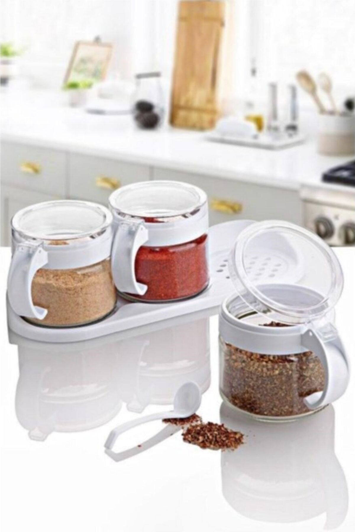 Buffer-® Set of 6 Rectangular Transparent Storage Containers + White 3-Piece Glass Spice Rack with Stand and Lid and Spoon 2