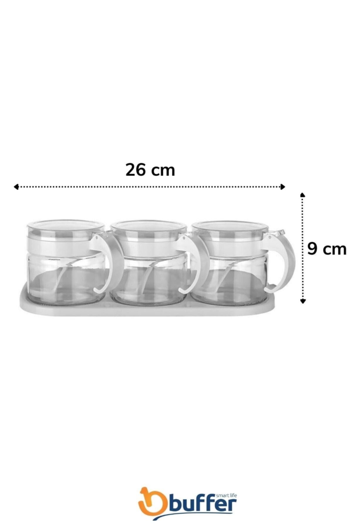 Buffer-® Set of 6 Rectangular Transparent Storage Containers + White 3-Piece Glass Spice Rack with Stand and Lid and Spoon 5