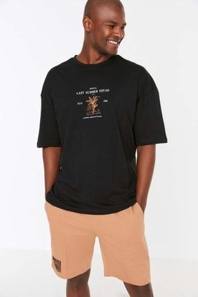 Siyah Erkek Oversize Fit Bisiklet Yaka Kısa Kollu Baskılı T-Shirt TMNSS22TS1899