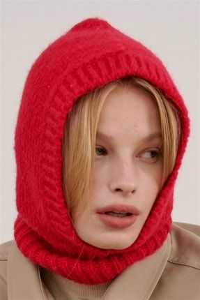 Balaclava Kadın Triko Kar Maskesi Bere Boyunluk Kırmızı KLH7143