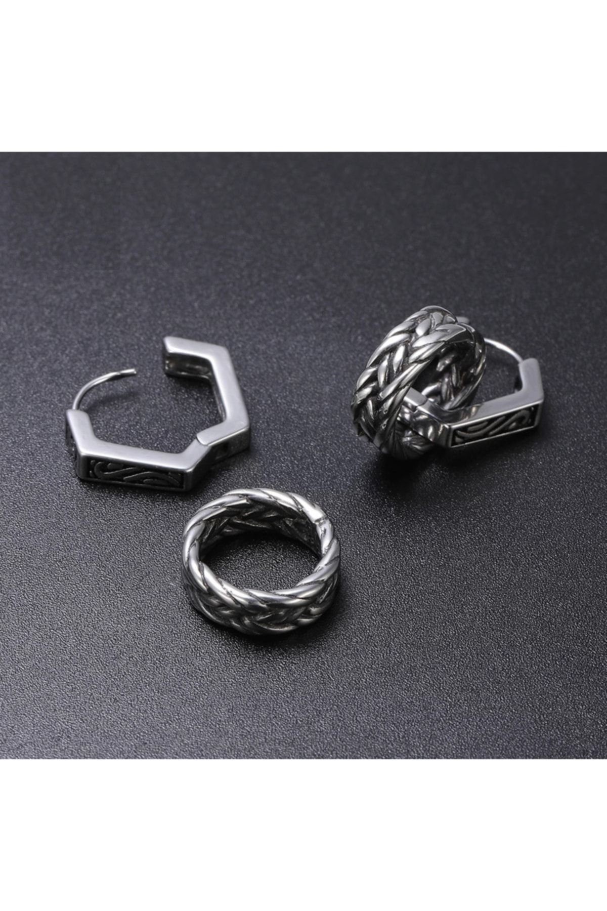 northstarshop-Large Antique Weave Design Snap-on Hexagon Tribal Men's 316l Steel Earrings (pair) with Hoop Accessories? 2