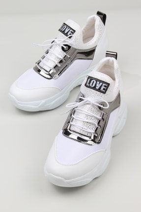 Beyaz - Gizli Topuklu Dolgu Taban Rahat Günlük Kadın Sneaker Spor Ayakkabı 30031