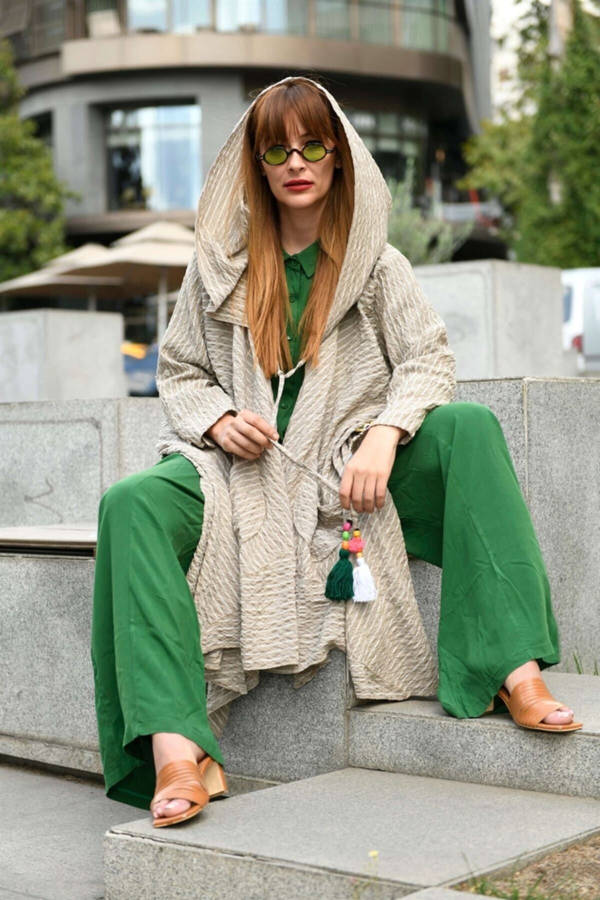 Hazinedan-Striped Design Witch Hooded Pompom Detail Kaftan Cap 4
