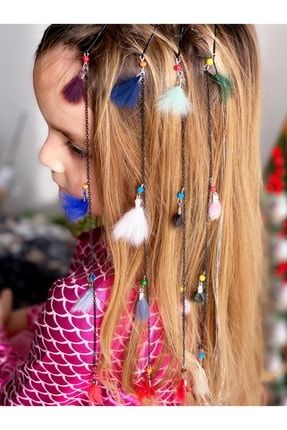 Zincirli Renkli Tüylü Saç Postiş Tel Toka Seti 4 Adet Kadın Çocuk Tokası TYC00382028389