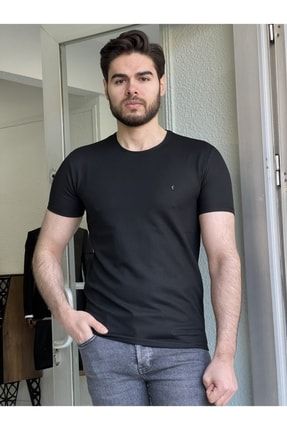 Dar Kesim Yüksek Kalite Kendinden Desenli Bisiklet Yaka Likralı T-shirt NZF-40309