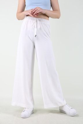 Kadın Beyaz Beli Lastikli Dökümlü Salaş Pantolon Z-000006551