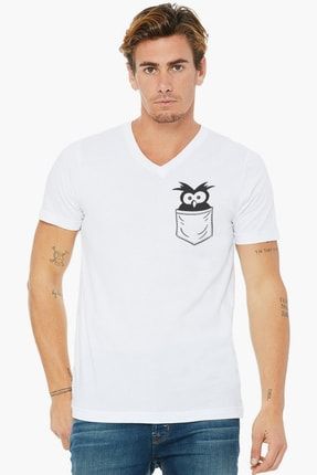 Cepte Şaşkın Kuş Beyaz V Yaka Kısa Kollu Erkek T-shirt 1M1VM423AB