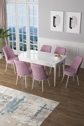 Zen Serisi Mdf Açılabilir Mutfak Masası Takımı-yemek Masası Takımı Beyaz Masa+6 Pembe Sandalye ZEN66BYZ6
