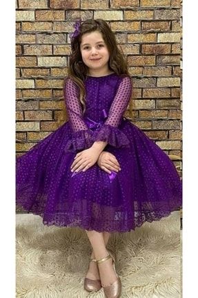 Kız Çocuk Prenses Puantiyeli Dantelli Tüllü Elbise Ve Toka Mor TYC00381107541