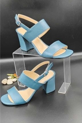 Kadın Mavi Hakiki Deri Topuklu Sandalet Ayakkabı 22038
