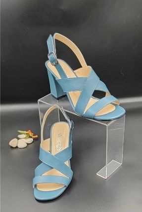 Kadın Mavi Hakiki Deri Topuklu Sandalet Ayakkabı 22037