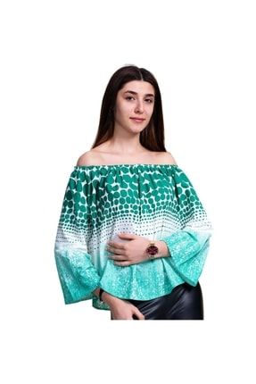 Yeşil Puantiyeli Özel Kesim Kadın Omzu Açık Bluz WM0113
