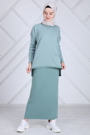 Kadın Çağla Yeşili Cep Detaylı Bluz Etek Tesettür Takım - 4249