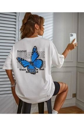 Oversize Beyaz Kelebek Baskı T-shirt TYC00384245674