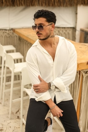 outfiit man Dokulu Oversize G&ouml;mlek Beyaz 70171013