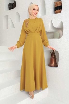 Tesettürlü Abiye Elbise - Dantel Detaylı Asidik Sarı Tesettür Abiye Elbise 3305as OZD-3305