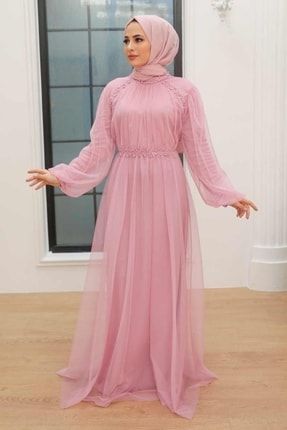 Tesettürlü Abiye Elbise - Inci Detaylı Pudra Tesettür Abiye Elbise 9170pd PPL-9170