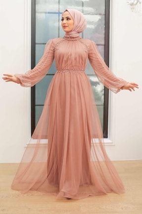 Tesettürlü Abiye Elbise - Inci Detaylı Vizon Tesettür Abiye Elbise 9170v PPL-9170