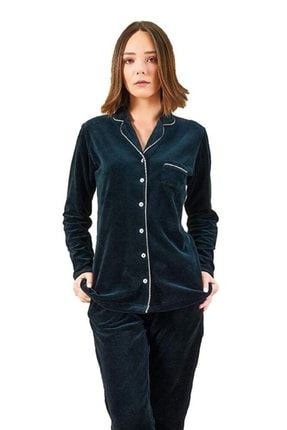 Kadın Yeşil Kadife Önden Düğmeli Pijama Takım 21857