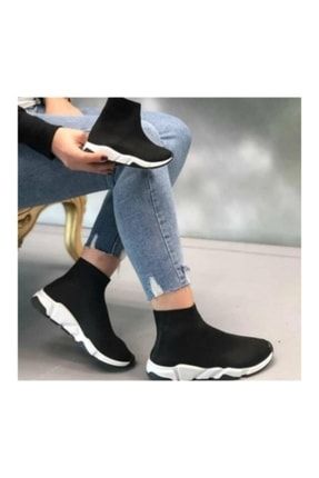 Çocuk Unisex Siyah Beyaz Triko Streç Çorap Spor Ayakkabı Sneaker çck01