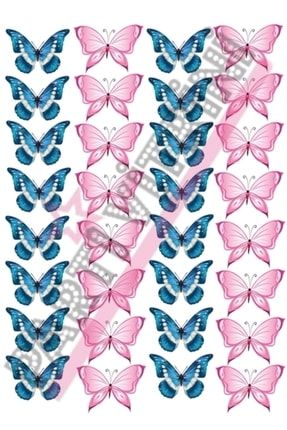 Pembe Mavi Kelebekler Temalı Yenilebilir Resimli Pasta Kurabiye Üstü Gofret Plaka Baskısı dop11858143igo
