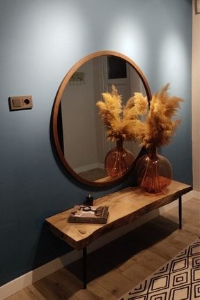 Doğal Ağaç Masif 110cm Ceviz Ahşap Çerçeveli Antre Koridor Duvar Salon Banyo Ofis Yatak Odası Ayna 110CM-MASİF-BANYO AYNA