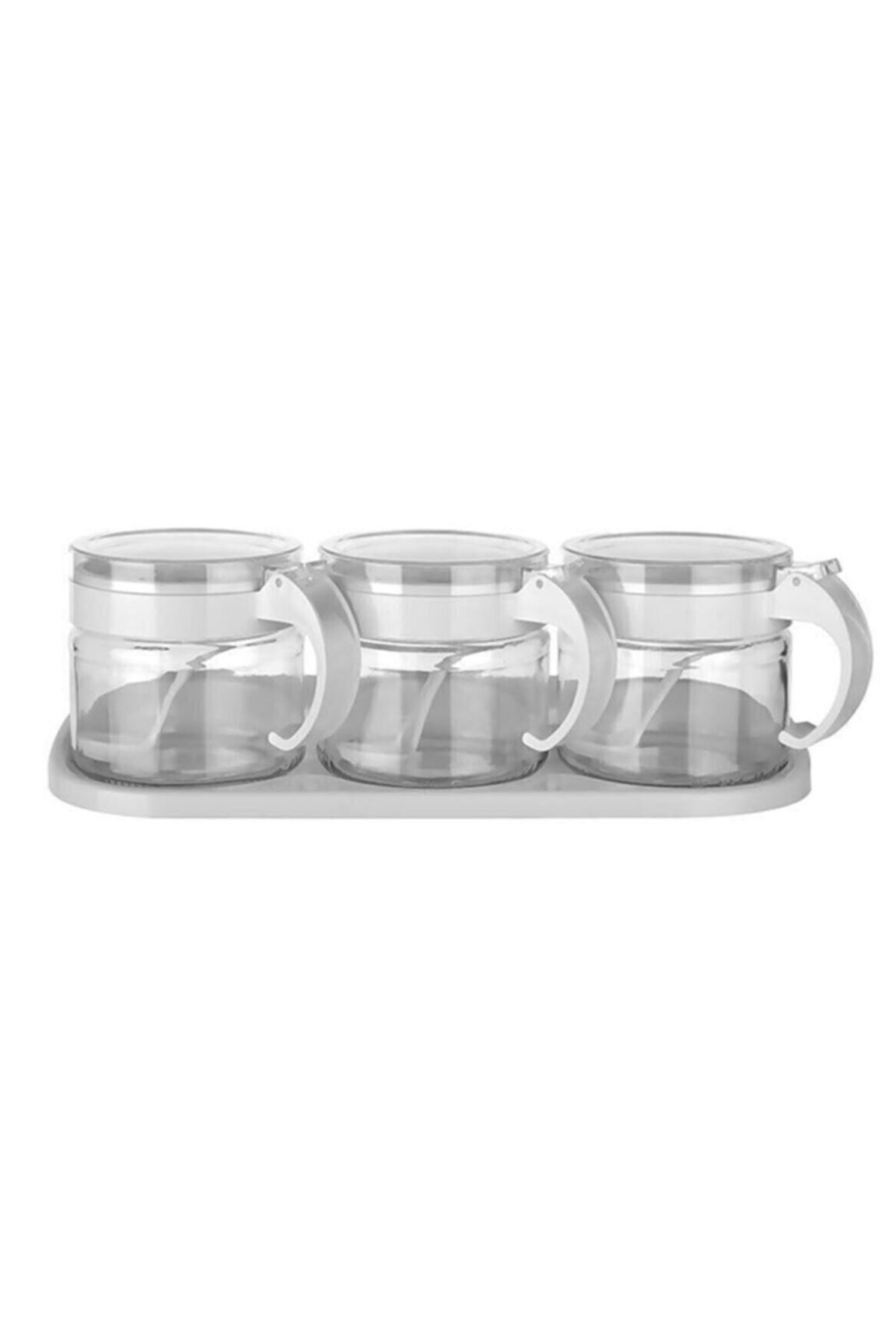 Buffer-® Set of 6 Rectangular Transparent Storage Containers + White 3-Piece Glass Spice Rack with Stand and Lid and Spoon 4
