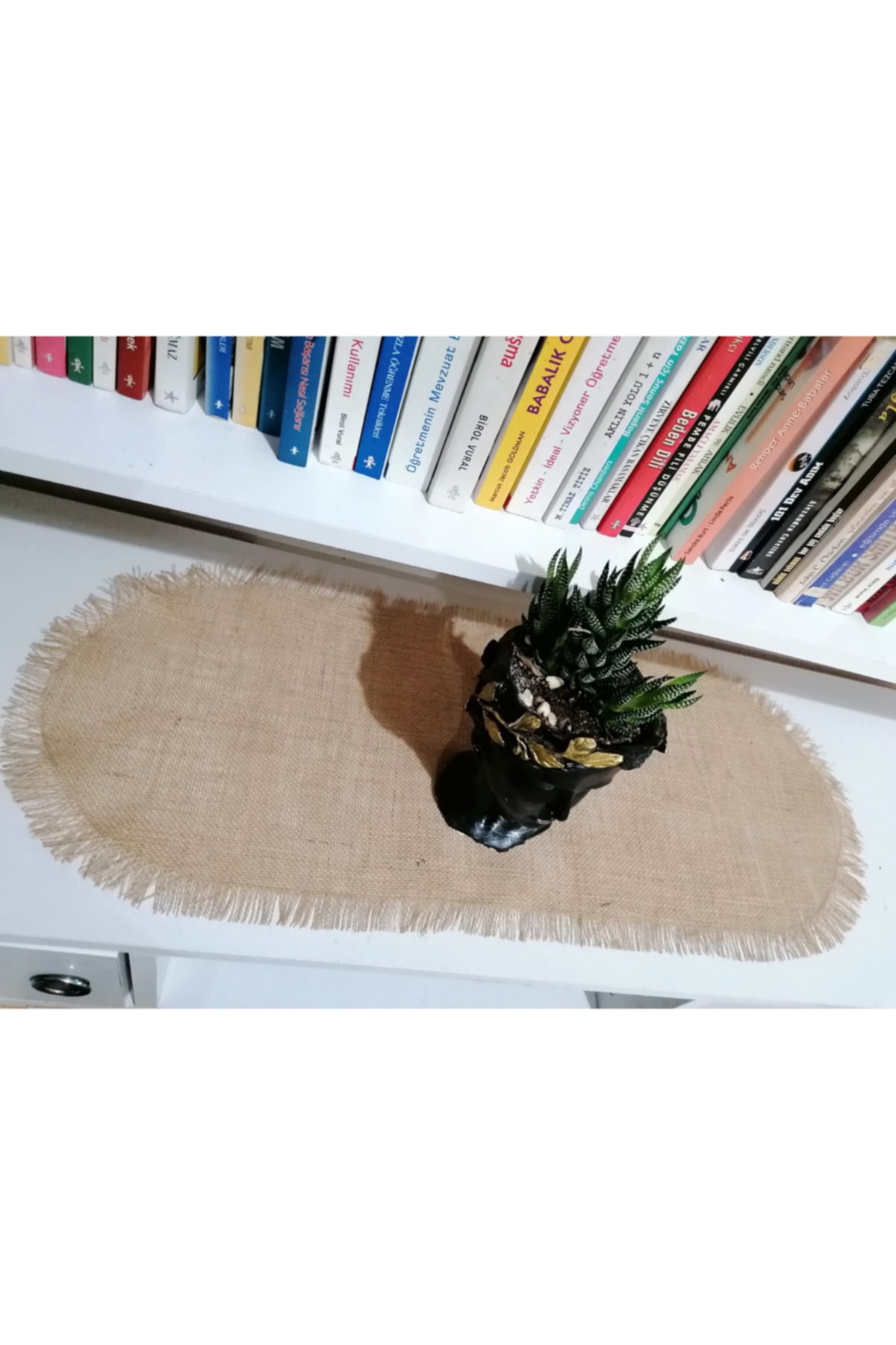 Organik Jüt Kumaş Oval Püsküllü Runner Masa Örtüsü Amerikan Servis 2