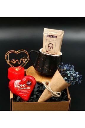 Mermer Desenli Fincan& Kuru Çiçek Love Lamba& Kalp Çikolata Tek Içimlik Türk Kahvesi Hediye Seti 000828