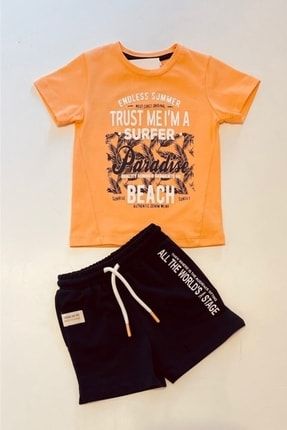 Erkek Bebek Turuncu Paradise Baskılı Kısa Kollu T-shirt ve Şort Takım HYY1139