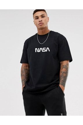 Unisex Nasa Baskılı Siyah Oversize Tshirt SOO454