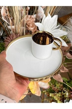 6 Kişilik Gold Detaylı Kahve Fincan Takımı (büyük Tabaklı Beyaz) ist85beyaz