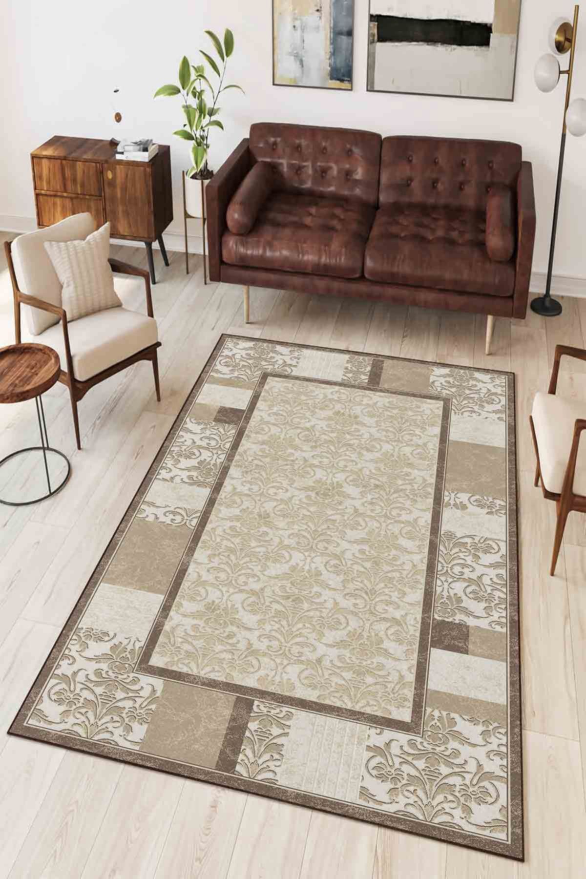 Homefesto-Cream-Flatun Geometric Patterned, Cream Colored Custom Design, Thin, Washable Carpet 1