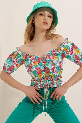 Kadın Mix Önü Büzgülü Yakası Fırfırlı Çiçek Desenli Örme Bluz ALC-735-001