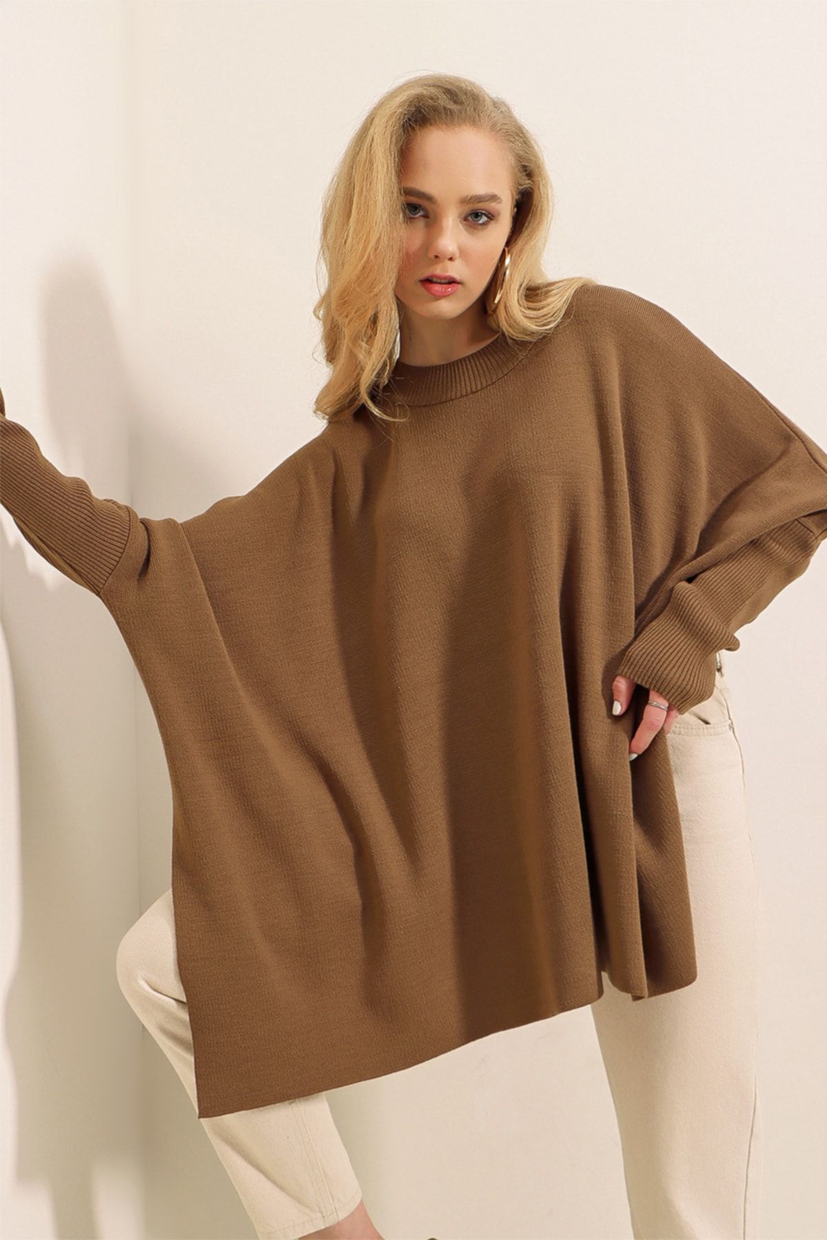 Bigdart 15783 Slit Poncho Sweater Tan Trendyol