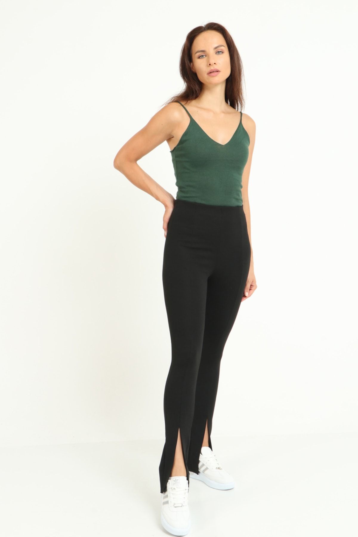 Grenj Fashion-Black High Waist Front Slit Wide Leg Tights 4