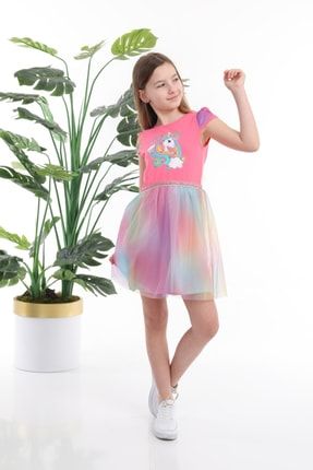 Kız Çocuk Tullu Unicorn Desen Penye Elbise tulluelbise-310x