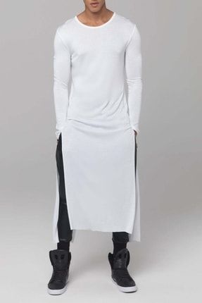 Erkek Yandan Acık Kaftan Beyaz Uzun Kollu Kore Style Erkek Elbise Tişört YENI28TSRT