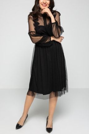 Kadın Siyah Puantiyeli Güpür Detaylı Elbise ELBISEDELISI-0033