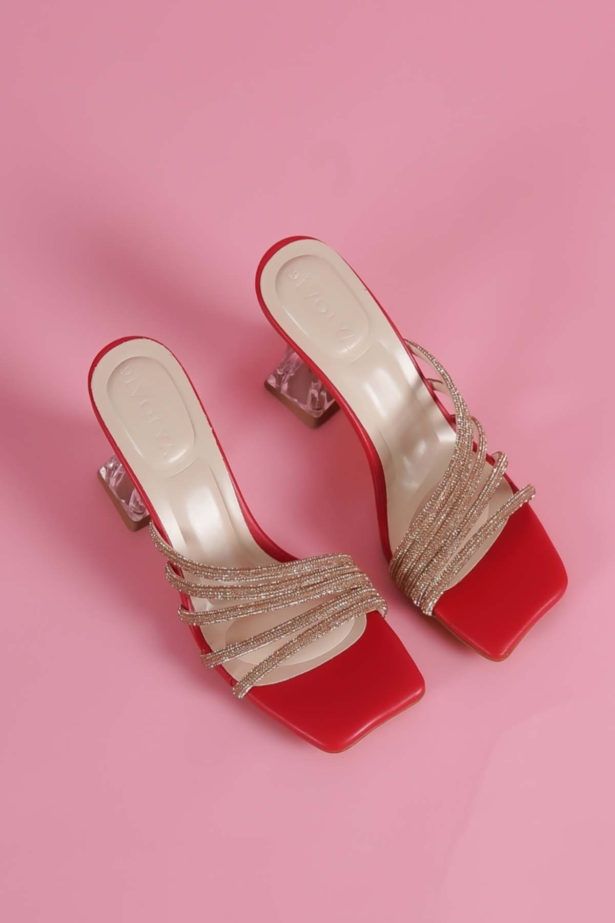 DİVOLYA Melex Kırmızı Biyeli Taşlı Topuklu Ayakkabı