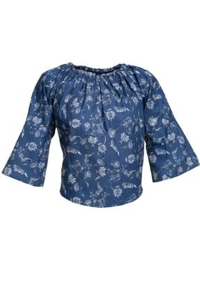 Mavi Çiçek Baskılı Kadın Omzu Açık Bluz WM0135
