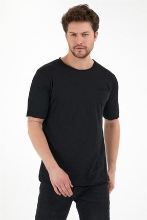 Erkek Siyah Sol Cep Dtaylı Geniş Yaka T-shirt-cptst01r04s CCPTST01
