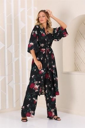 Kadın Siyah Çiçek Desenli Pantolonlu Kimono Takım Yy101003 YY101003