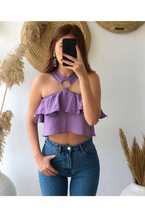 Kadın Lila Fırfırlı Mini Crop Bluz 25391Z