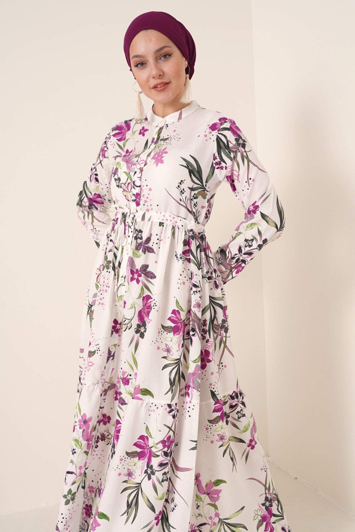 Bigdart-2144 Weißes Hijab-Kleid mit gemustertem Kragen 2