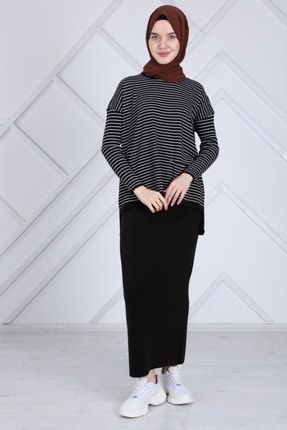 Kadın Siyah Çizgili Cep Detaylı Bluz Etek Tesettür Takım - 4249