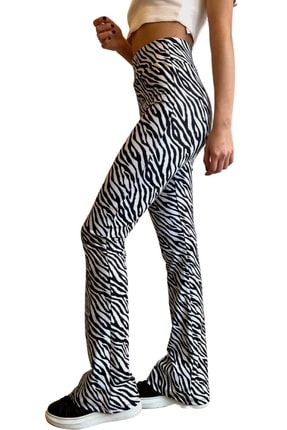 Kadın Yüksek Bel Ispanyol Paça Siyah Beyaz Zebra Desenli Flare Örme Günlük Spor Tayt Pantolon SPANİSHFLARE