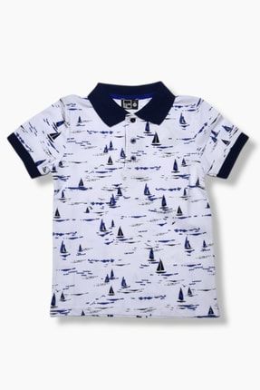 Erkek Çocuk Gemi Baskılı Polo Yaka Beyaz T-shirt CL0133049