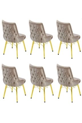 Eslim Nergis Kahverengi 6 Adet Gold Metal Ayaklı Lüx Sandalye Mutfak Salon Kafe Balkonda Kullanılır Nergisgold00222