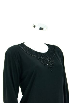 Kadın Siyah Anne Butik Bluz Sandy Kumaş Kiraz Yıldızı Boncuk Işlemeli Parlak Pul Detaylı OPPW2021KBRFEYS10